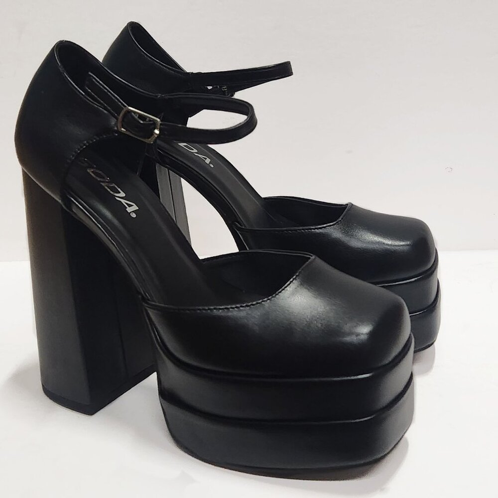 New Black Mary Jane Platform Chunky Heel Pumps